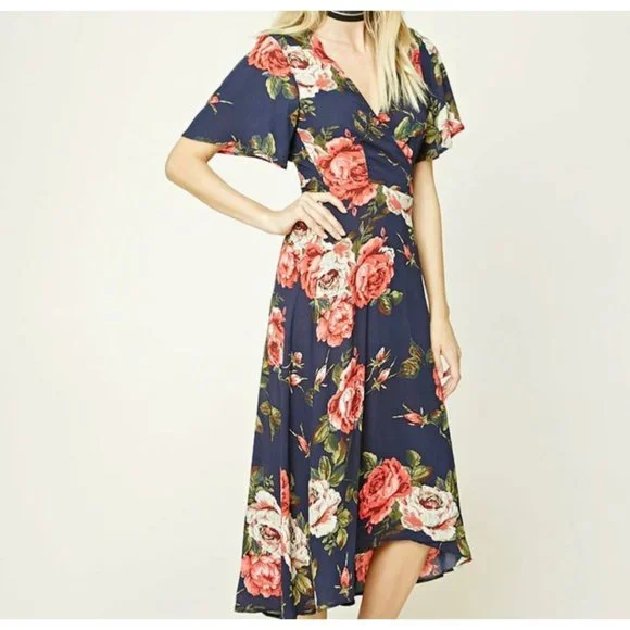 Forever 21 Contemporary Navy Red Floral Short Sleeve Tie Waist Wrap Dress